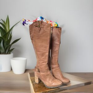 Fabianelli Boots Size 37/6.5 Brown Leather Braided Heels Knee High Block Italy